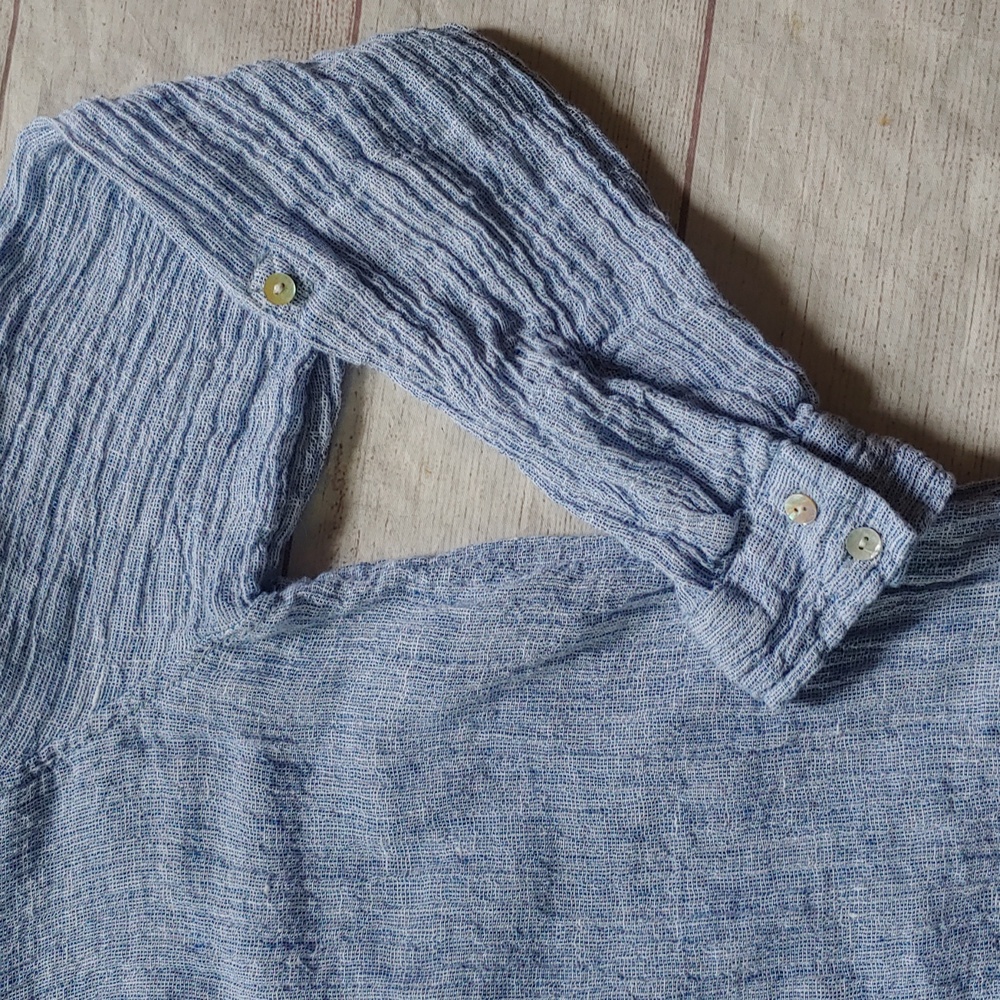 Blue Crinkled Linen Button-Up Shirt Tunic Length Coastal - Picture 3 of 9